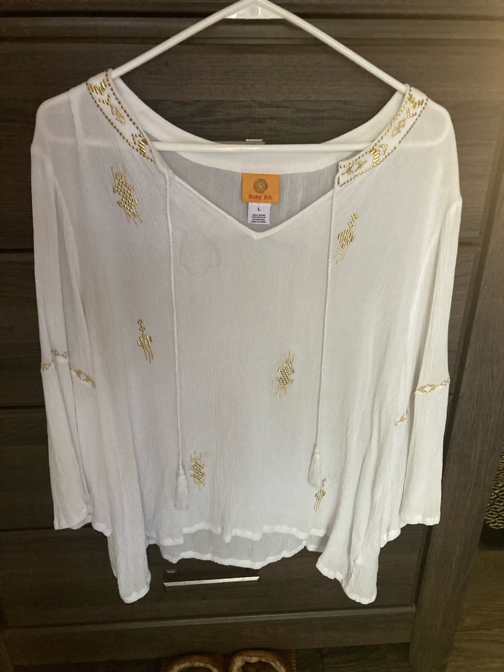 Ruby Rd. White Peasant Tunic with Gold Embroidery and Tassels lg